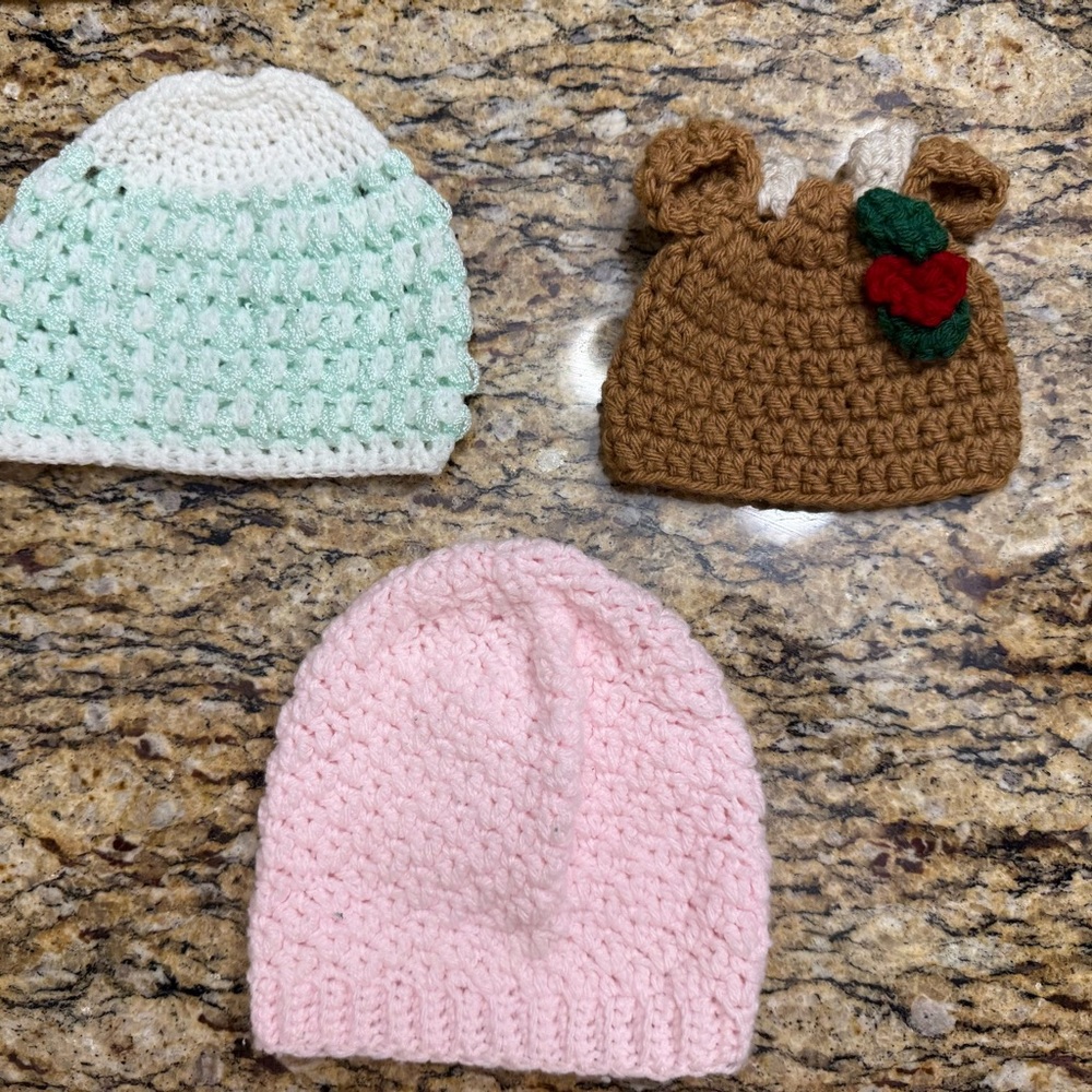 Handmade Crochet newborn Beanie Set - Pink, Mint, Brown